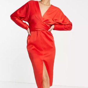 ASOS RED HOLIDAY MIDI SATIN DRESS - US SIZE 2 - EXCELLENT CONDITION